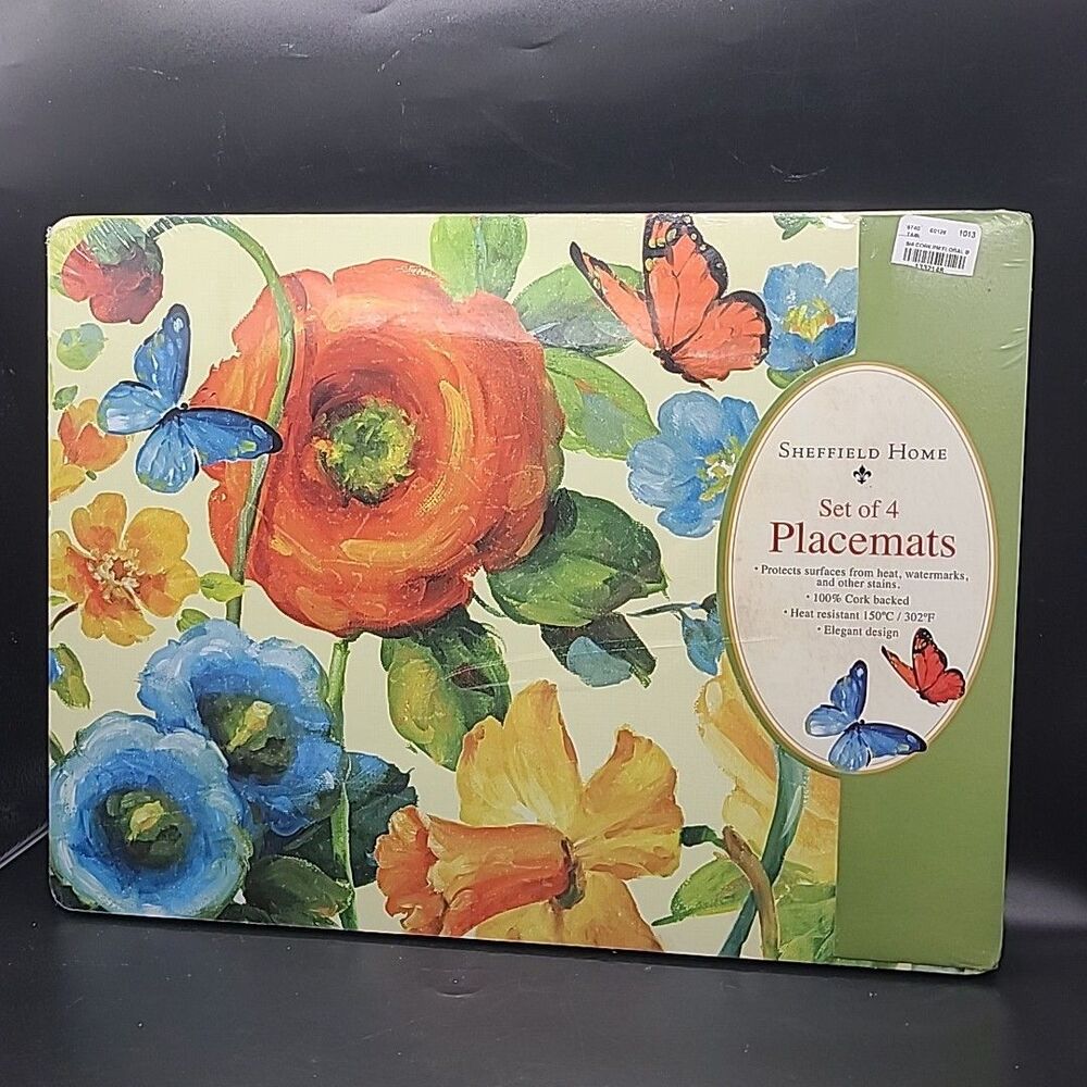Sheffield Home Set (4) Floral Cork Backed Placemats Wild Apple 16"x 12" New